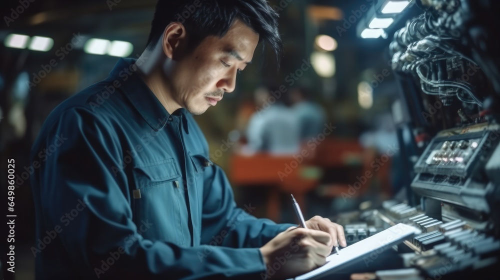 Chinese man using tablet computer writing code in a robot factory.