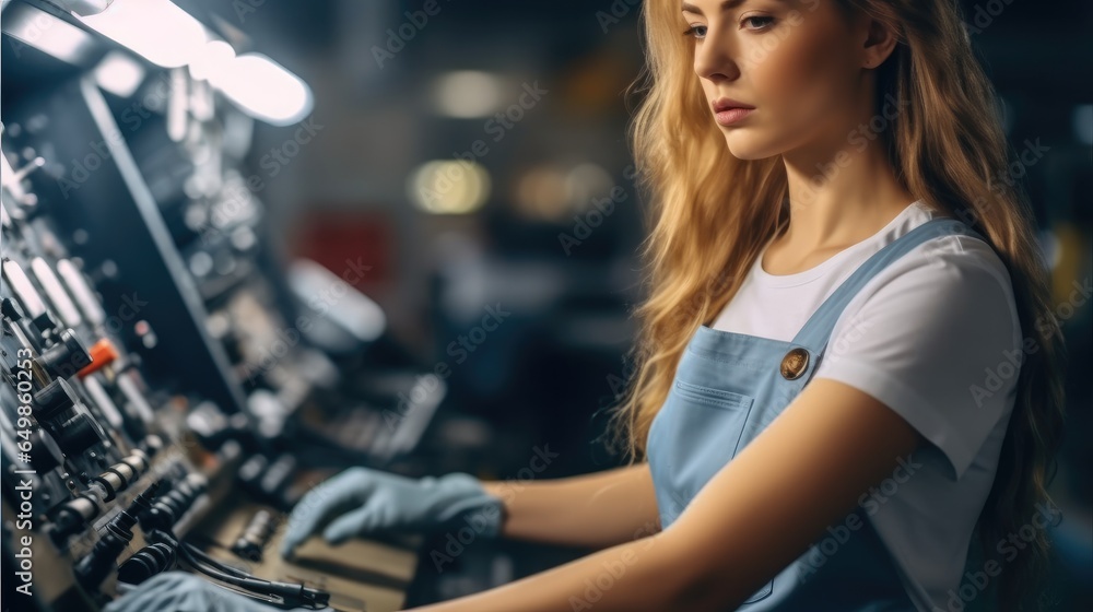 Female engineer worker in automotive factory, car manufacturing process.