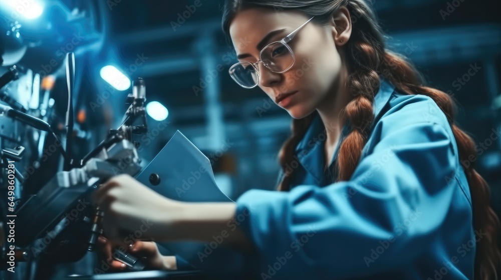 Confident woman worker skillfully operating high-tech machinery in a modern automotive manufacturing at factory