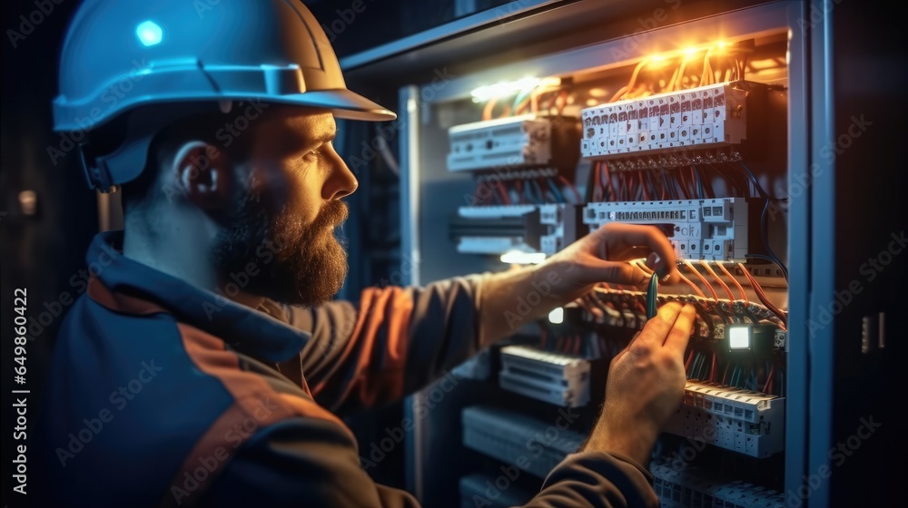 Electrician man installing a electric switchboard system.