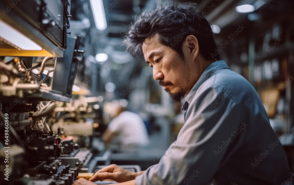 Japanese man working with machines at factory.