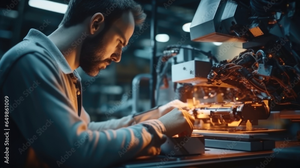 Technician calibrating an industrial robot arm at factory.