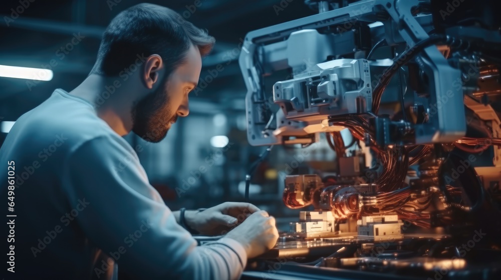 Technician calibrating an industrial robot arm at factory.