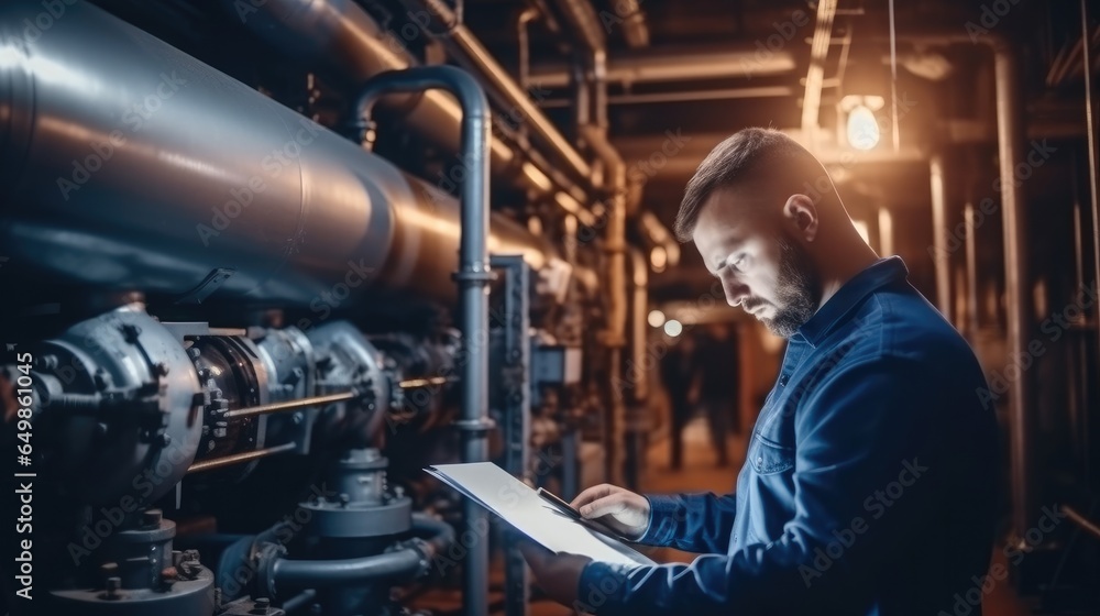 technician checking the heating system in the boiler room at industry factory.