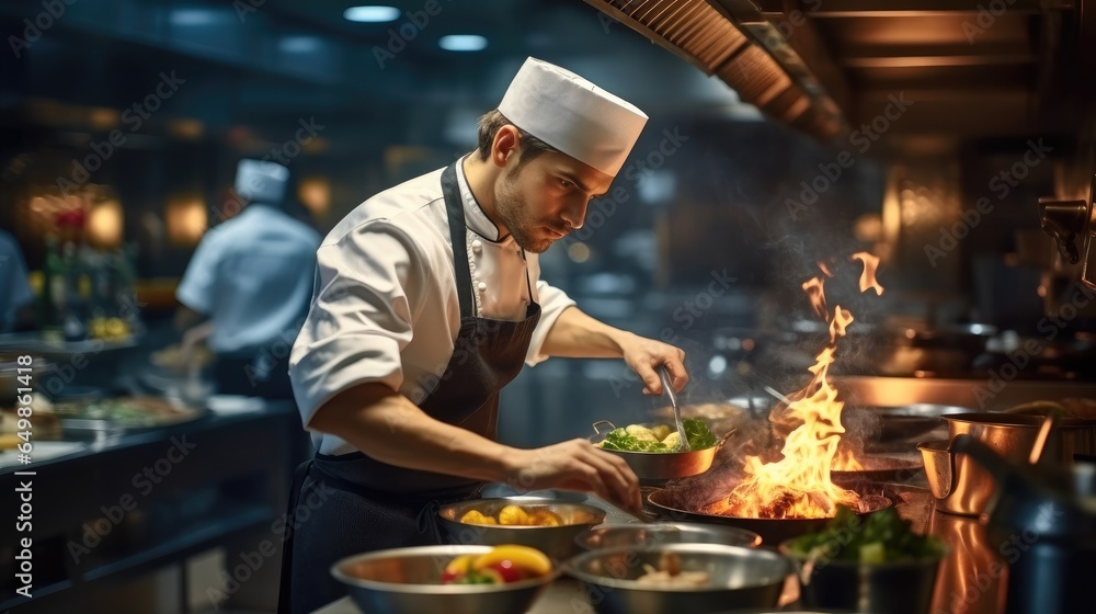 Chef is cooking food in Upscale Restaurant Kitchen.