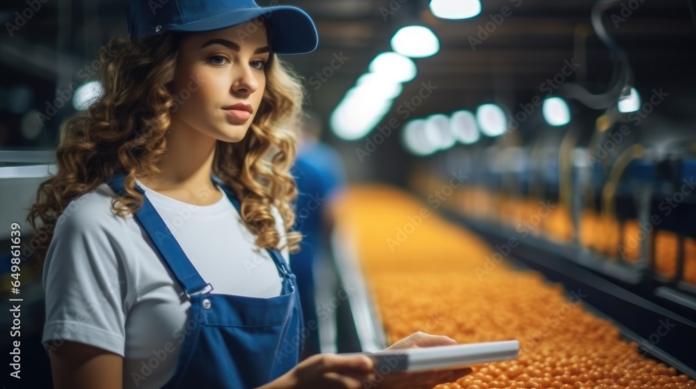 Portrait of young woman factory worker doing production quality inspection in food industry.