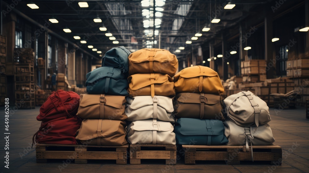 Stack of canvas bags in warehouse.