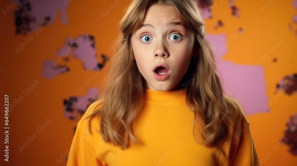 Look shocked, Surprised amazed teen girl against orange background in studio.