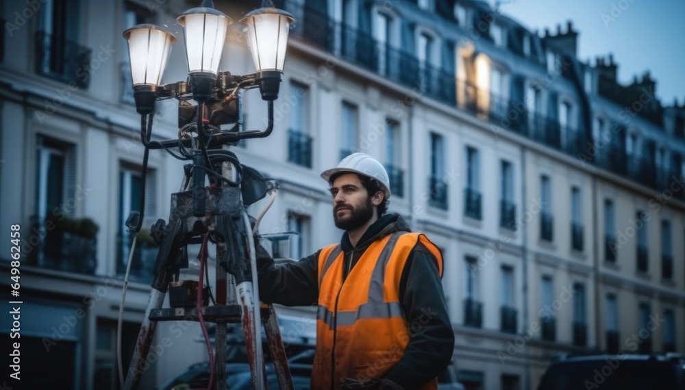 Technician repair lighting on public roads.