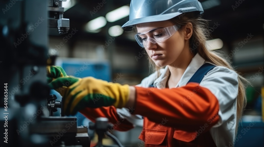 Woman technician in a factory is working on a metal drilling machine at industry factory