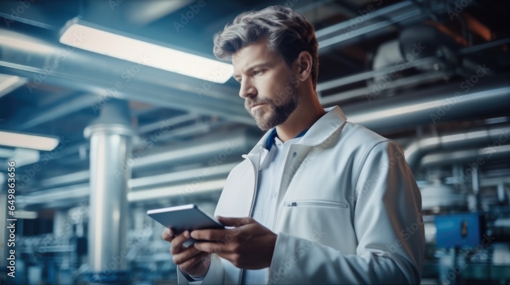 Worker with a tablet in his hands working in a modern factory.