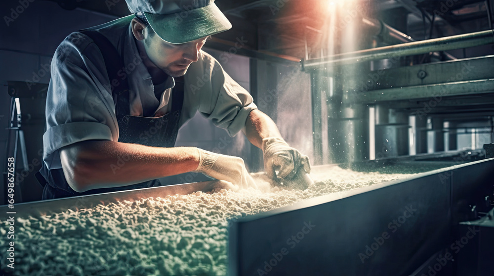 a Worker controls sugar on production line in a sugar factory. Generative Ai