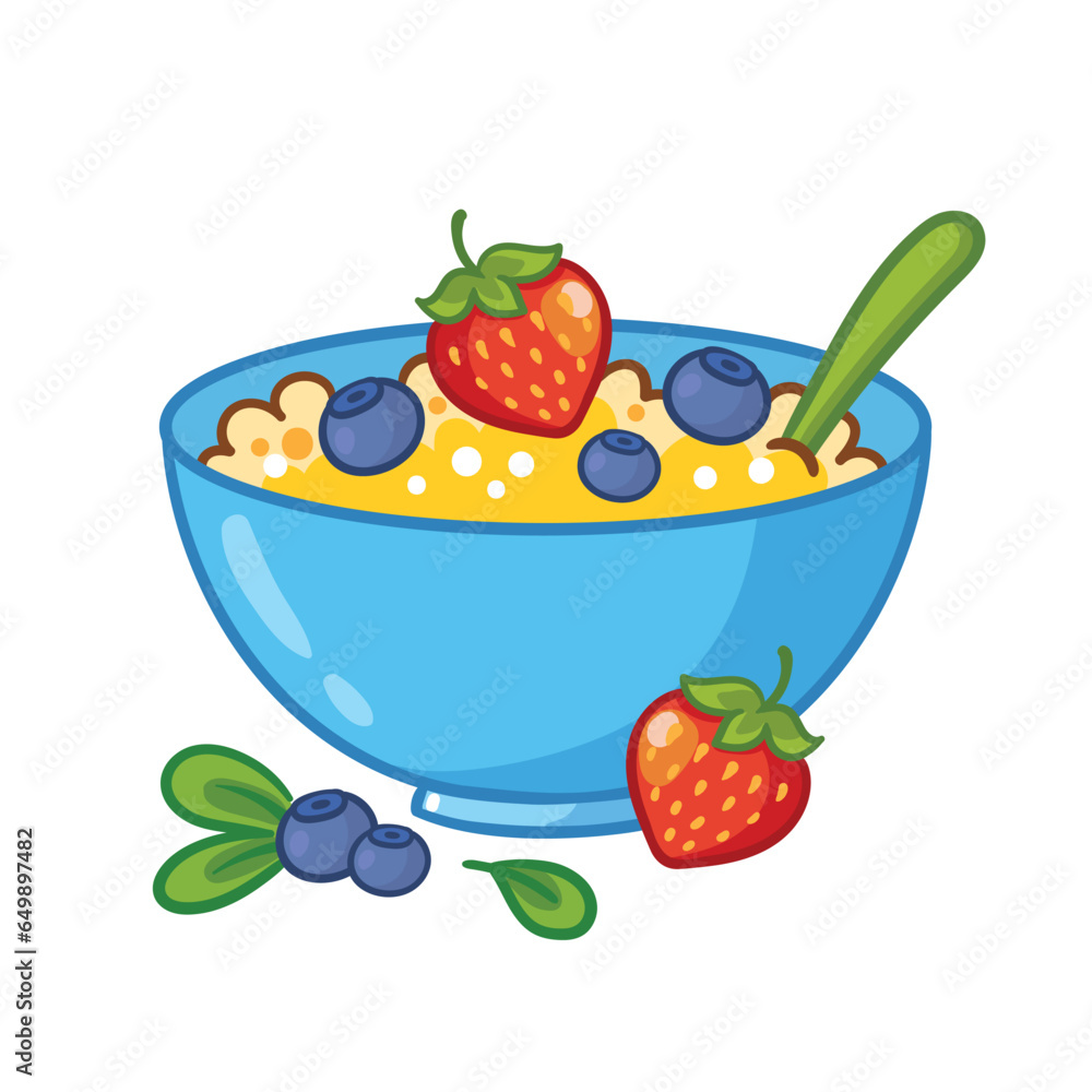 Porridge with fruits and berries in a bowl. Vector illustration Healthy food.