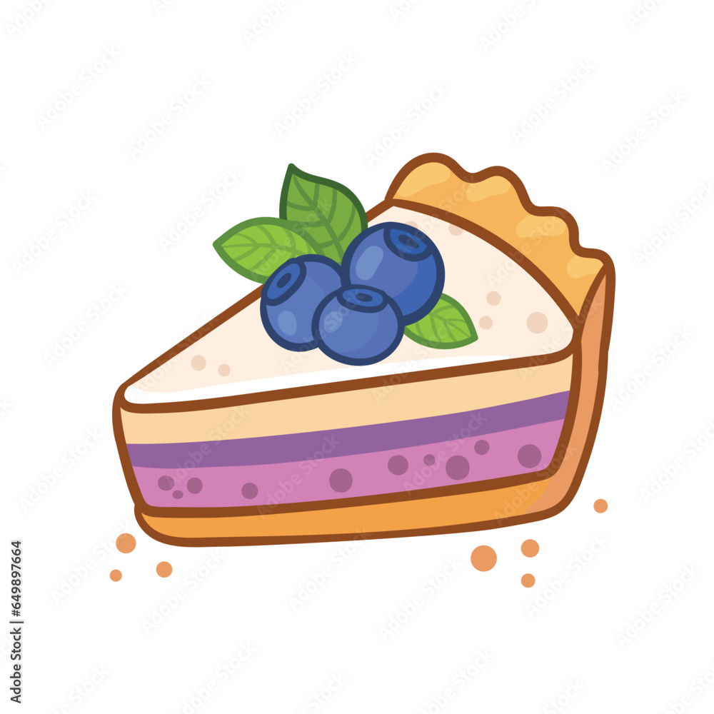 Cute cartoon pie slice. Piece of berry cake isolated vector illustration. Traditional American baked dessert.