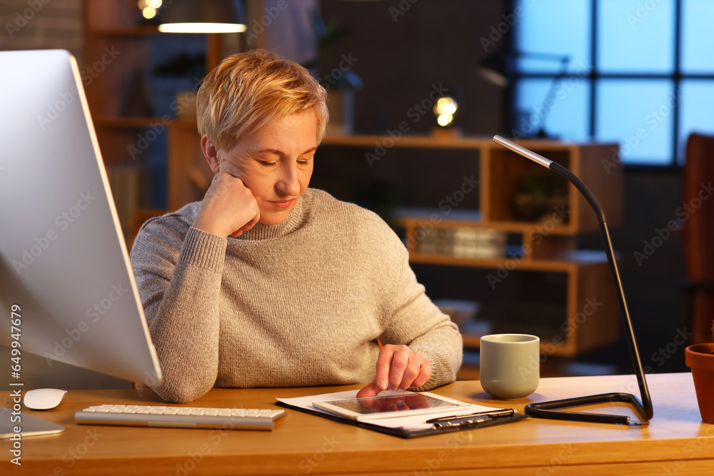 Mature female programmer working in office at night