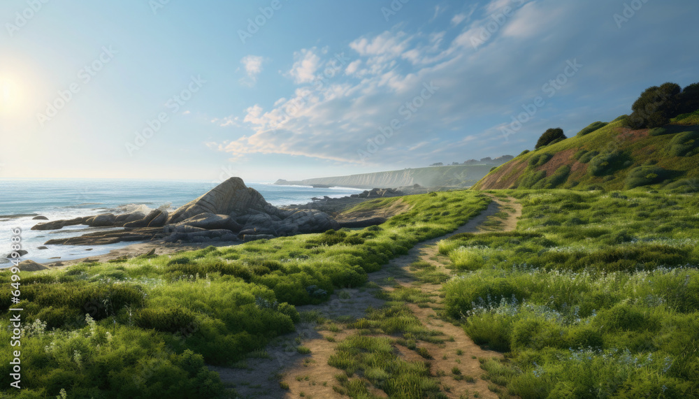 A green meadow with trees leading to a stony sea shore.