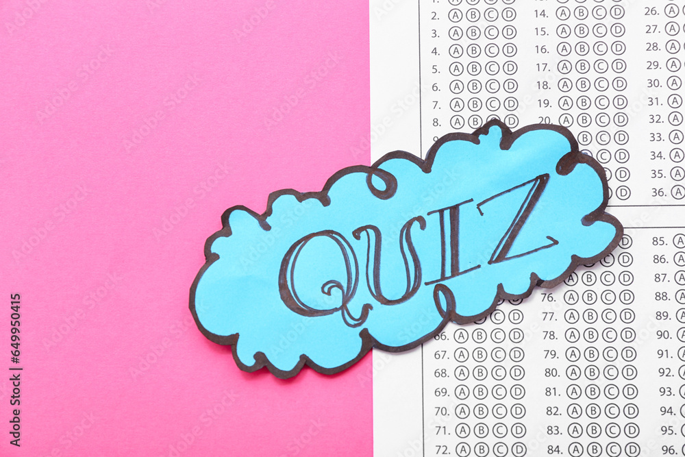 Test form with word QUIZ in speech bubble on pink background