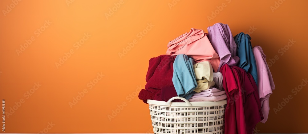 Fully stocked laundry basket on stool with colorful backdrop Text space available