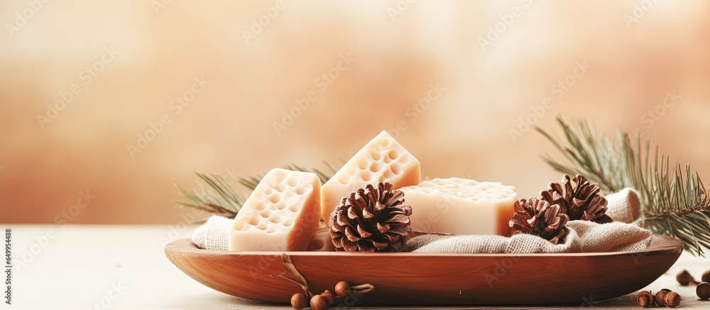 Text space provided for sodium salt natural soap with coniferous aroma handmade organic soap on a wooden dish with cedar cones against a beige backdrop