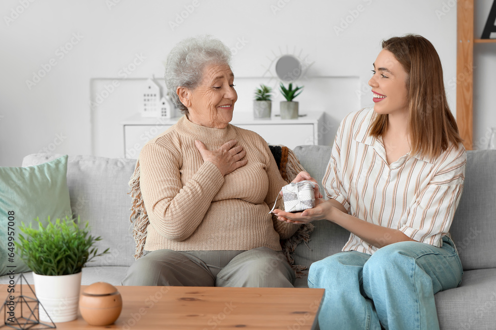 Young woman greeting her grandmother with gift at home