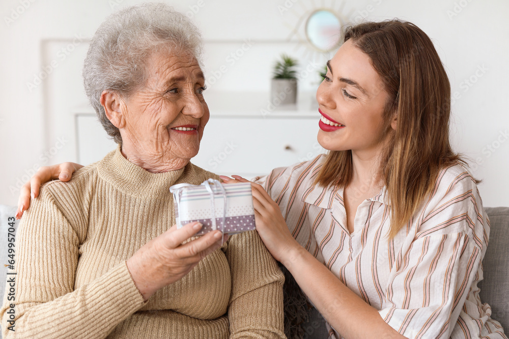 Young woman greeting her grandmother with gift at home