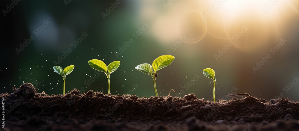 Seedlings are thriving in fertile soil under morning sunlight depicting plant growth and ecological progress