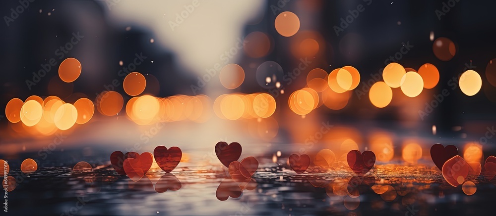 Blurred heart bokeh background with abstract motion of city lights at night