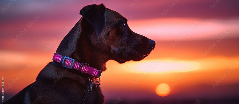 Dog on leash wearing LED collar silhouetted against sunset for safe evening walk