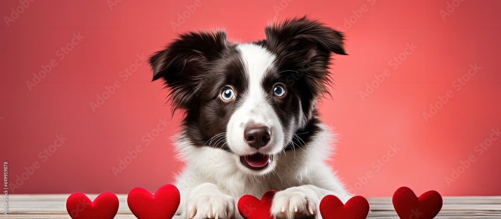 Border collie puppy with red heart on nose expressing love on Valentine s Day