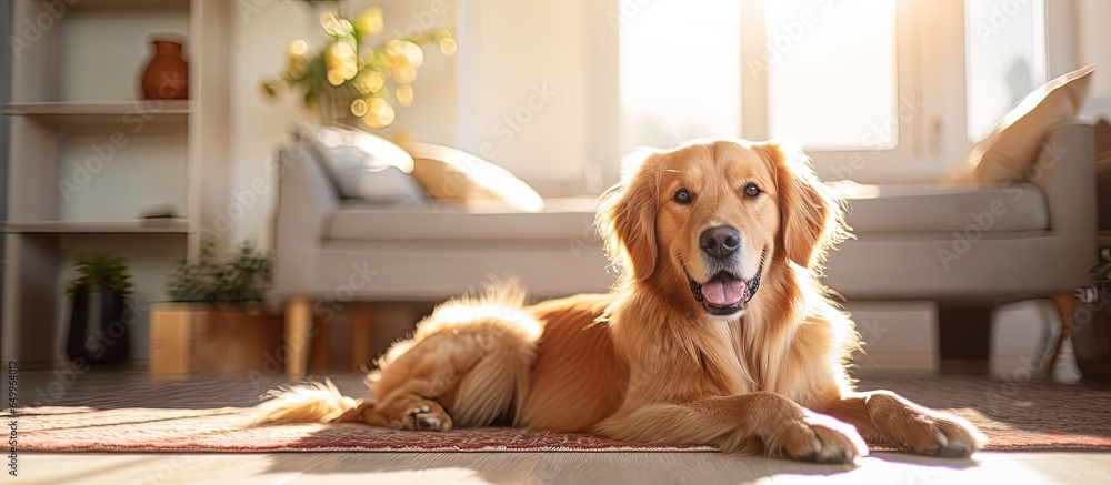 Contented domestic pet cute golden retriever resting on gray rug indoors near couch with free space sunlight filtering through