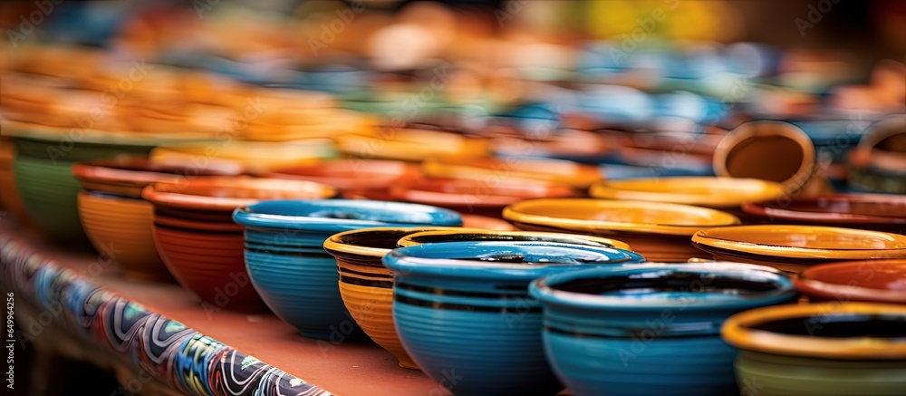 Handmade pottery including plates cups and pots sold in Nochixtlan market Oaxaca Mexico