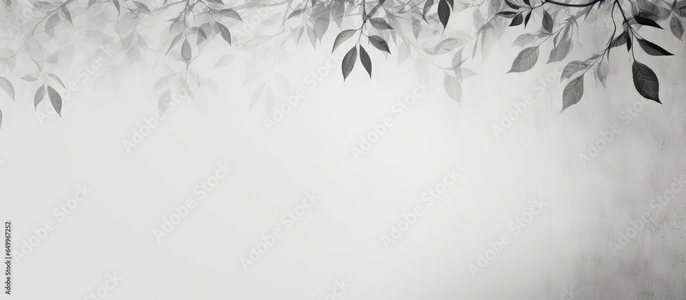 Monochrome nature art on a wall with abstract leaves casting shadows on a gray background and falling natural leaves on a white concrete wall texture for background and wallpaper