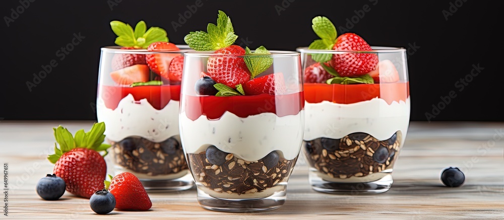 Multilayered chia seed dessert with yogurt strawberries blueberries and mint in glass bowls