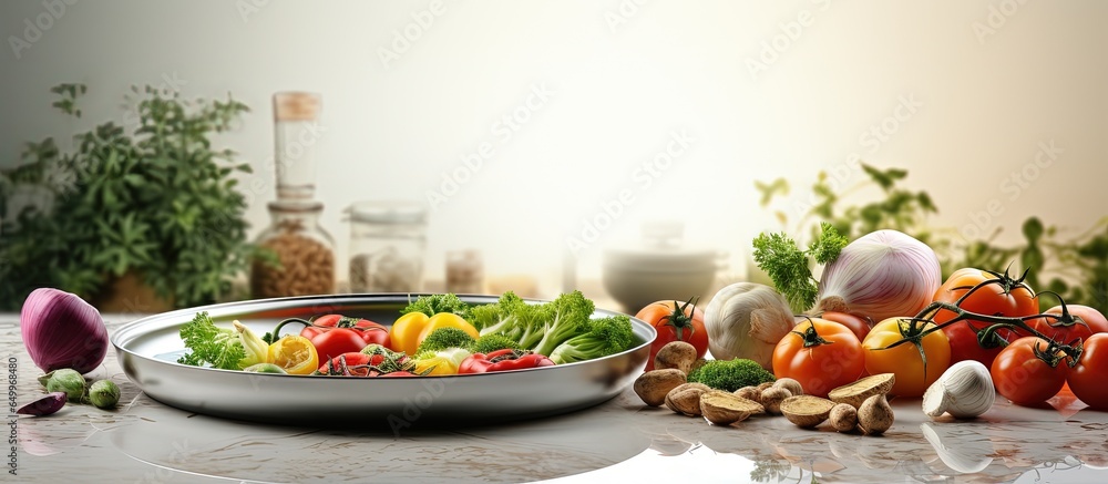 Fresh vegetables near a frying pan on a white stone table a big window in the background