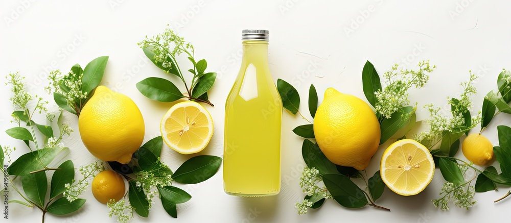 Detox juice bottle and ingredients in a flat lay on a light background