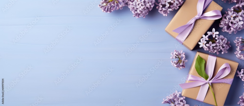 Blue wooden background with gift boxes wrapped in brown paper and adorned with lilac Floral decorations Empty space