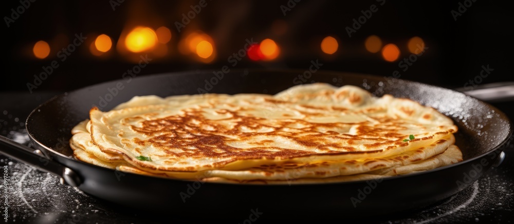 Cooking process of making thin pancakes crepes russian blini step by step frying on black skillet Maslenitsa concept top view ingredients grey background