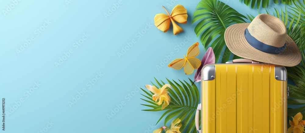 Yellow suitcase and tropical palm leaves on blue background representing travel concept