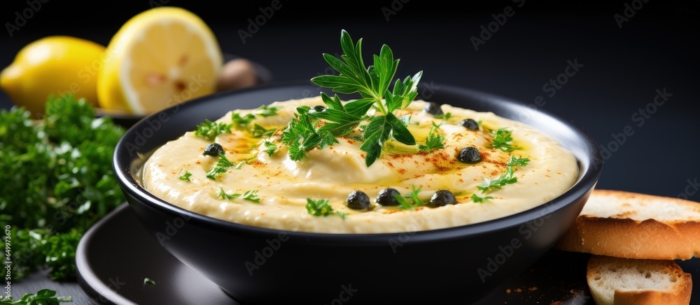 Traditional Mediterranean hummus with pita herbs and lemon on a neutral backdrop Middle Eastern cuisine