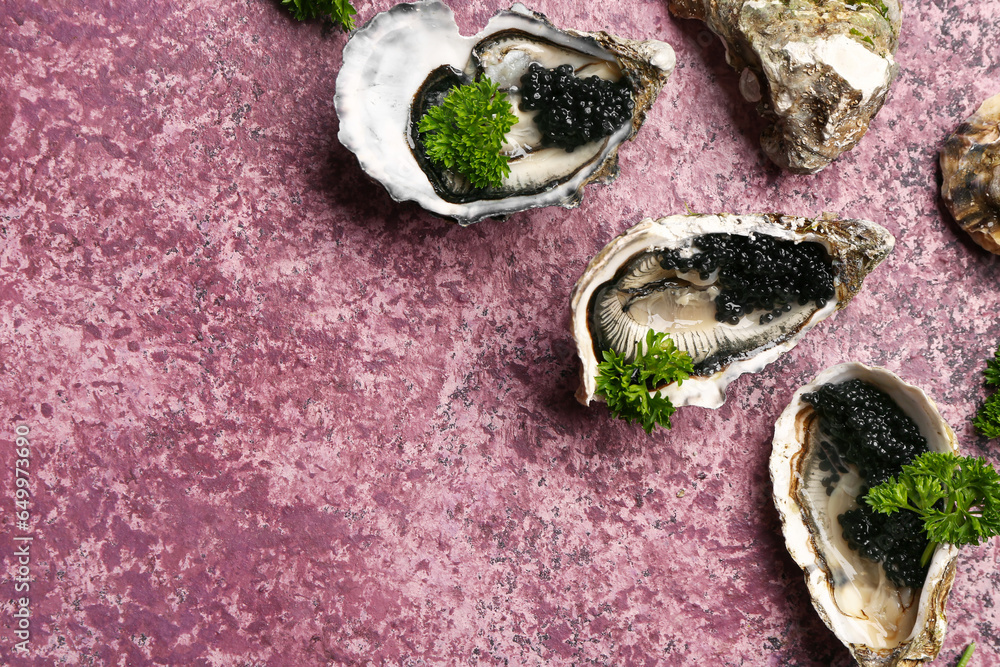 Tasty oysters with black caviar on purple background