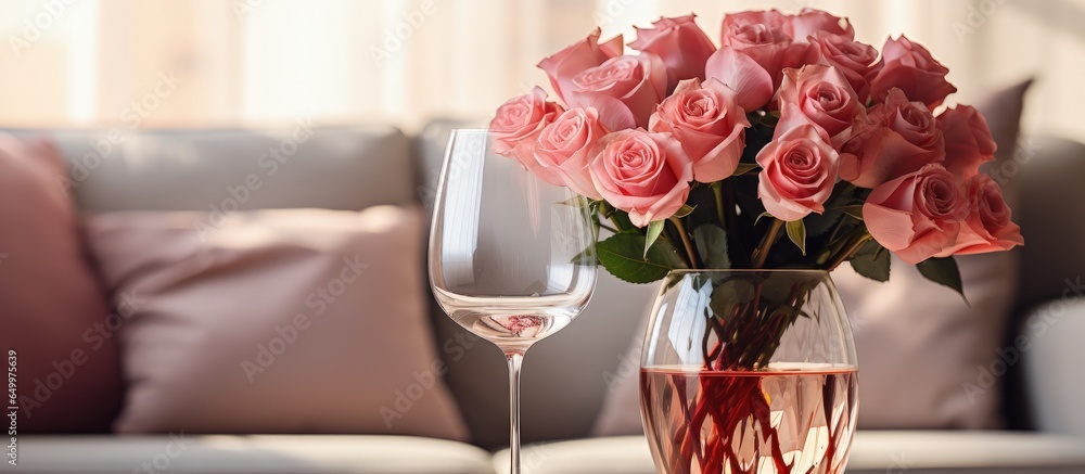 Valentine s Day decorated living room with vases flowers and wine glasses on table