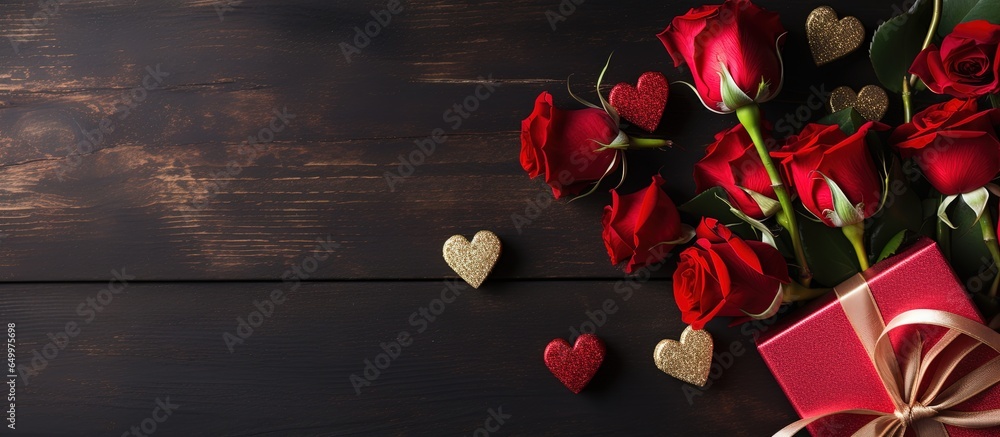 Aerial view of Valentine s card with bubbly red gift and roses Empty area for writing