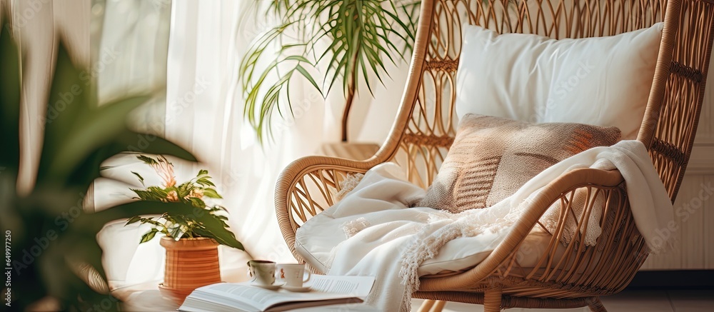 Bohemian living room with fresh furniture textiles and decor Magazine on white plaid chair for relaxation and recreation Weekend leisure at home