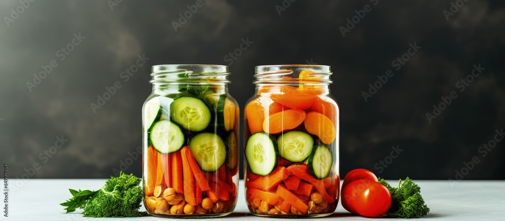 Jar of vegetable sticks representing healthy diet with carrot bell pepper paprika and cucumber