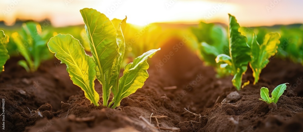 Young sugar beet leaves grow in an agricultural field at sunset