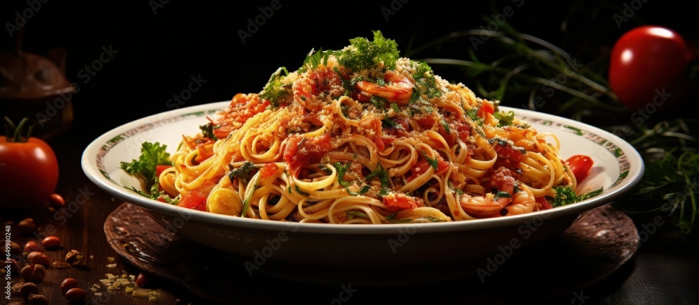 Tasty seafood pasta focusing on select elements