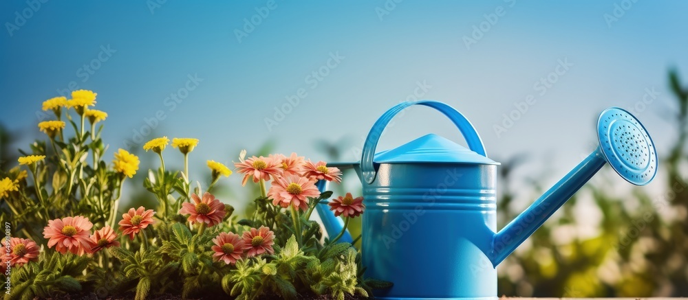 Gardening tools blue watering can plants in garden flowers on flowerbed and flowerpot sunny summer day Gardening concept