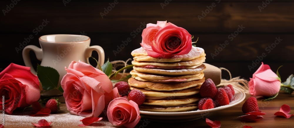 Valentine s day breakfast with pancakes berries and tea on a wooden tray