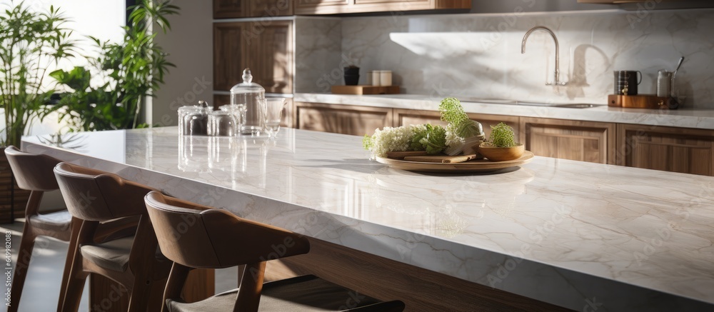 Luxury modern dining table island with marble top high chairs and kitchen counter in a stylish beige interior with hidden lighting cabinets and cupboard on a marble floor for interior design