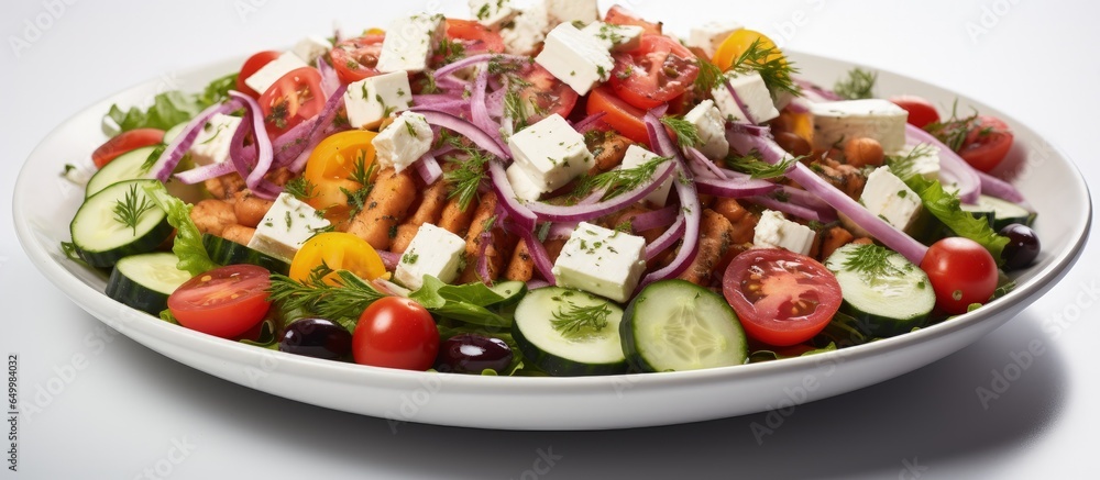 Fresh Greek salad on a plate well lit close up with space for text from the side